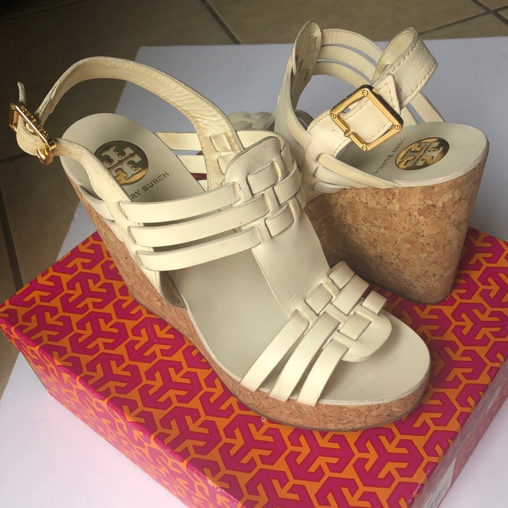 Tory Burch white cork wedges straps 8.5 bleach